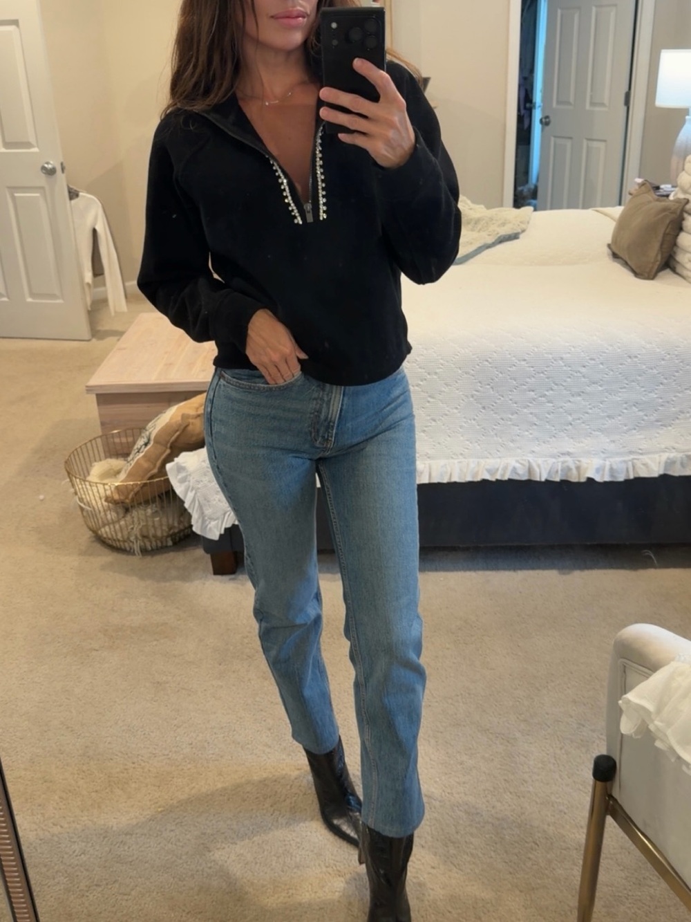 Express black rhinestone new half zip sweater
